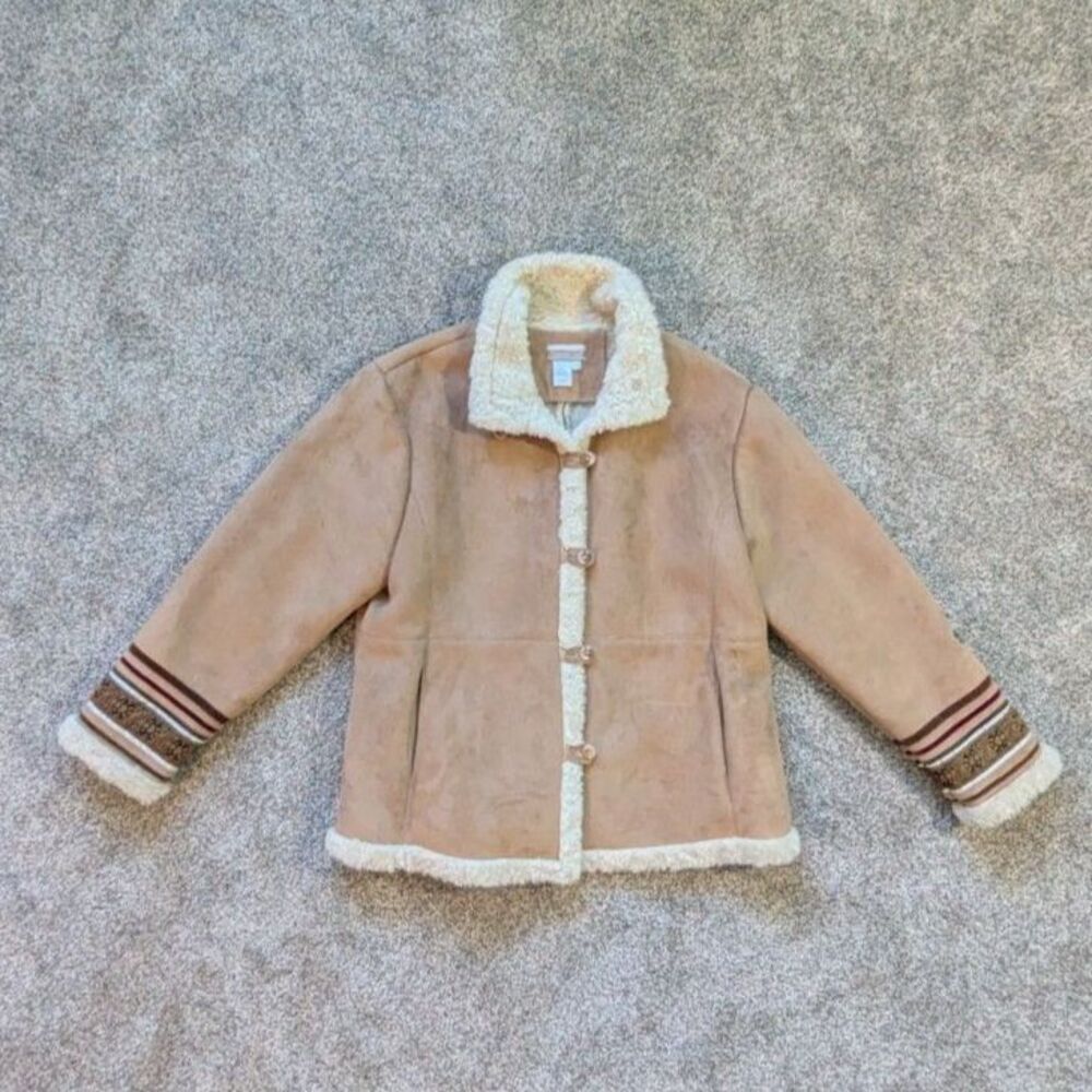 Coldwater Creek Faux Shearling Coat XL - Suede Embroidered Tribal Cuffs Jacket